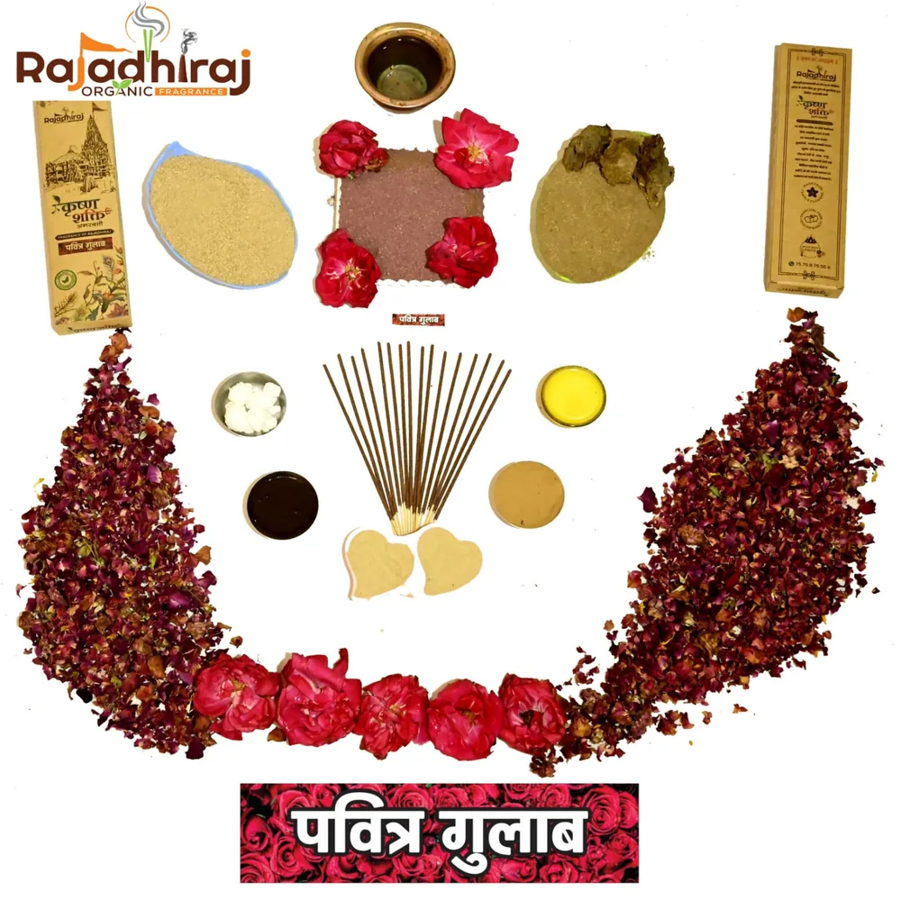 Rose petals and natural materials laid out with Pavitra Gulab agarbatti