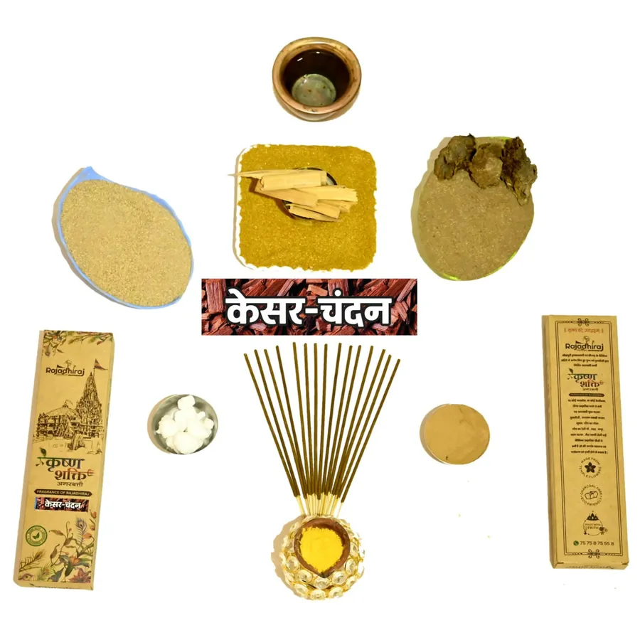 Sandalwood, saffron and natural powders laid out with Kesar Chandan agarbatti