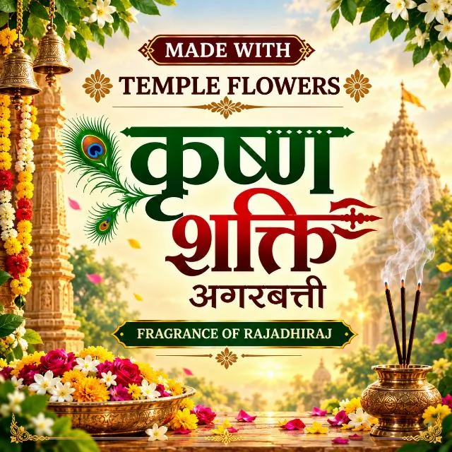 KrushnaShakti agarbatti with temple flowers and a brass diya
