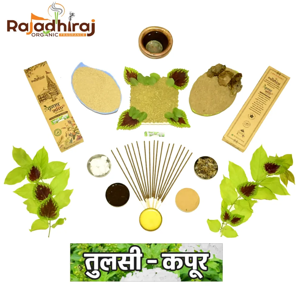 Tulsi leaves, camphor and natural powders laid out with Tulsi Kapoor agarbatti